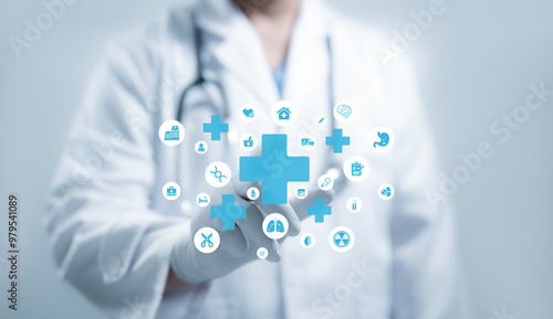 A medical worker touch virtual with health care icons, medical technology background, health insurance business.Health Insurance, telemedicine, virtual hospital, family medicine concept