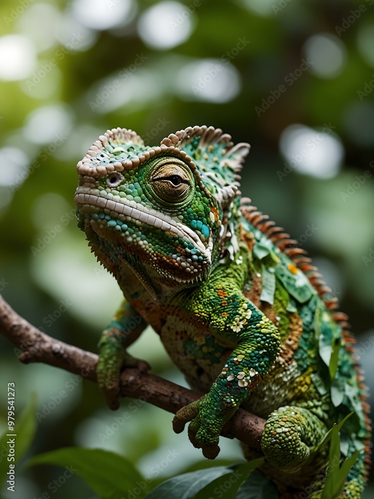 Chameleon blending with green leaves. Chameleon blending with green leaves.