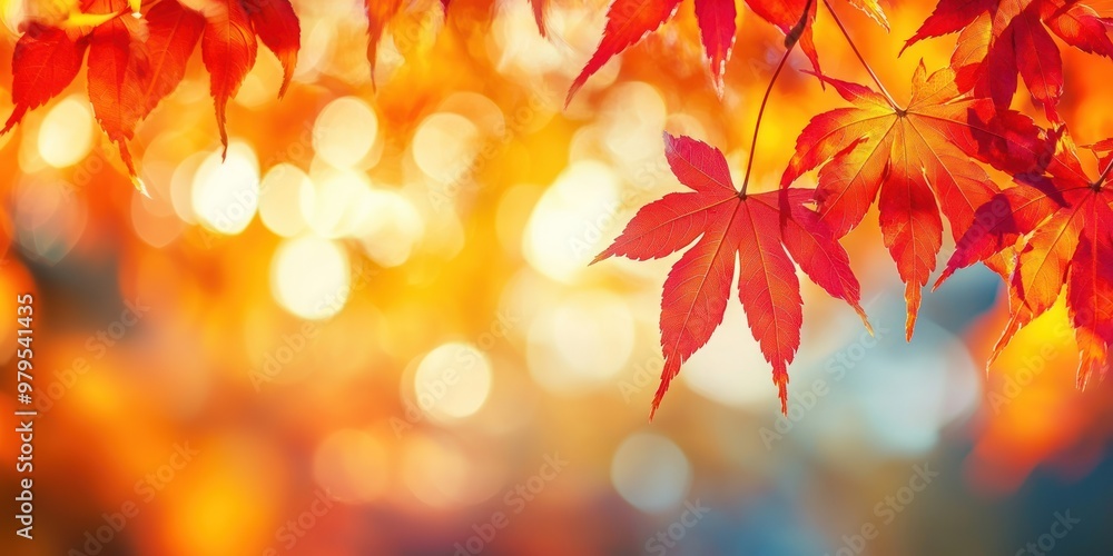 Beautiful autumn background with red maple leaves and blurred bokeh light leaf nature fall.
