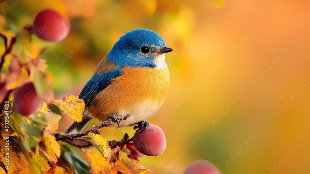 A blue-and-yellow bird perches on a tree branch, surrounded by foliage - leaves and berries - against a softly blurred backdrop A blue-and-yellow bird perches on a tree branch, surrounded by foliage - leaves and berries - against a softly blurred backdrop