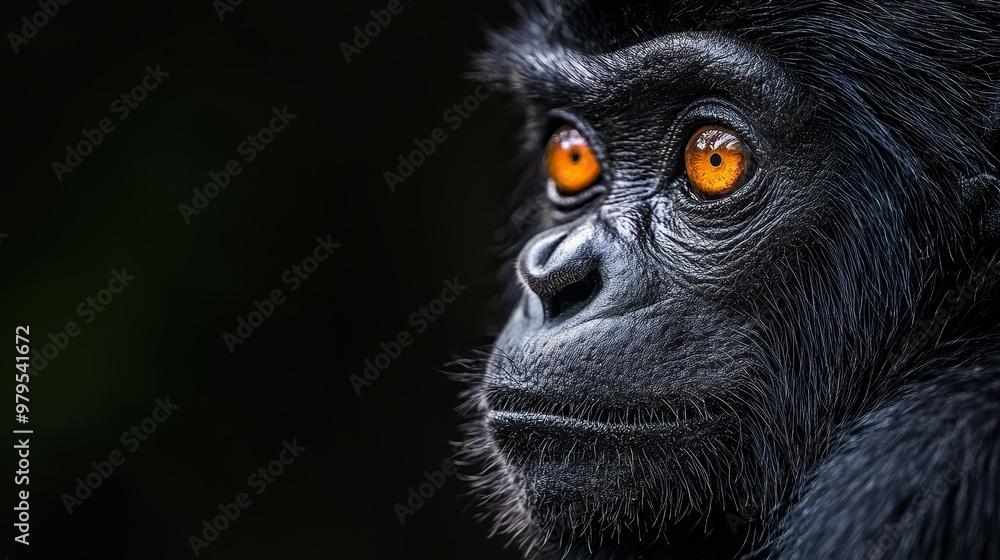 A tight shot of a monkey's face with vivid orange eyes against a softly blurred background A tight shot of a monkey's face with vivid orange eyes against a softly blurred background