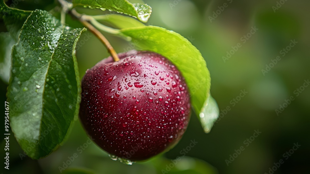 Obraz premium Red apple with water droplets on branch against green leafy backdrop