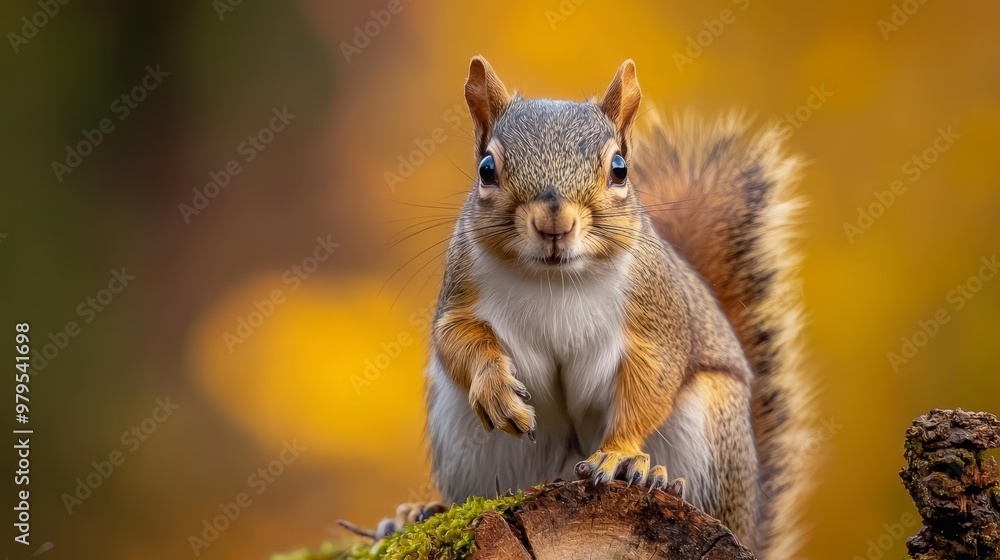 A tight shot of a squirrel perched on a tree stump against a softly blurred background of yellow autumn leaves A tight shot of a squirrel perched on a tree stump against a softly blurred background of yellow autumn leaves