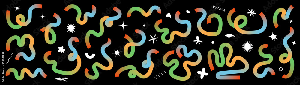 Obraz premium Set of abstract liquid doodle elements in neon colors. Minimalist curved gradient ribbons for creating modern designs.