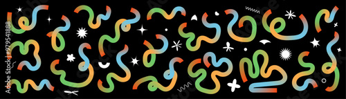 Set of abstract liquid doodle elements in neon colors. Minimalist curved gradient ribbons for creating modern designs.