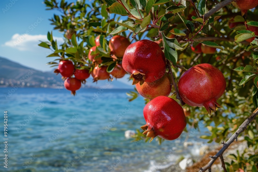 Ripe pomegranate on tree in Montenegrin beach Ripe pomegranate on tree in Montenegrin beach
