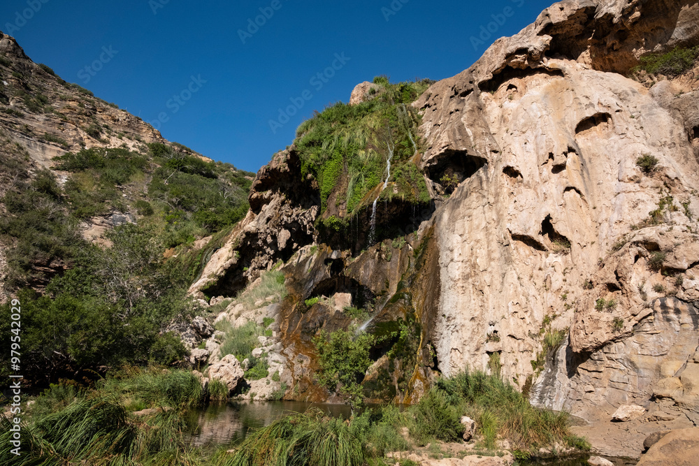 View of Sitting Bull Falls with lush greenery and rugged rock formations, Carlsbad, United States. View of Sitting Bull Falls with lush greenery and rugged rock formations, Carlsbad, United States.