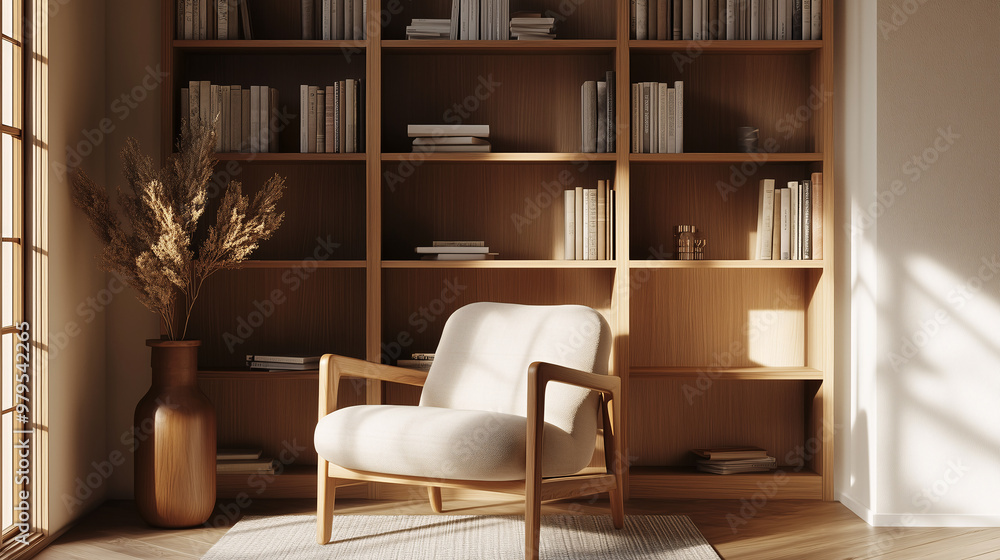 A minimalist home library with clean, open shelving, a modern armchair, a small side table, and neutral-toned decor A minimalist home library with clean, open shelving, a modern armchair, a small side table, and neutral-toned decor