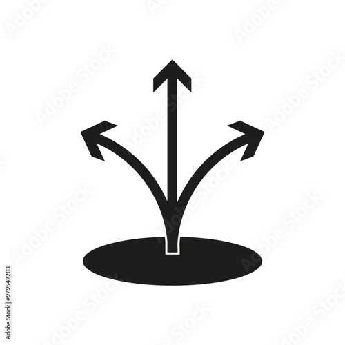 Three way arrow symbol. Multiple direction choice. Path selection concept. Vector icon.