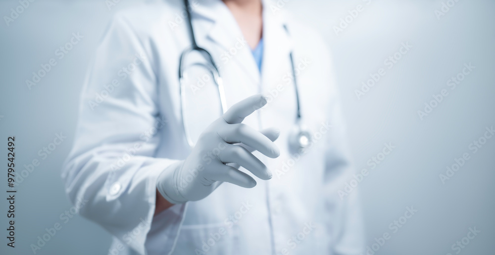Medical worker finger pointing on white background Medical worker finger pointing on white background