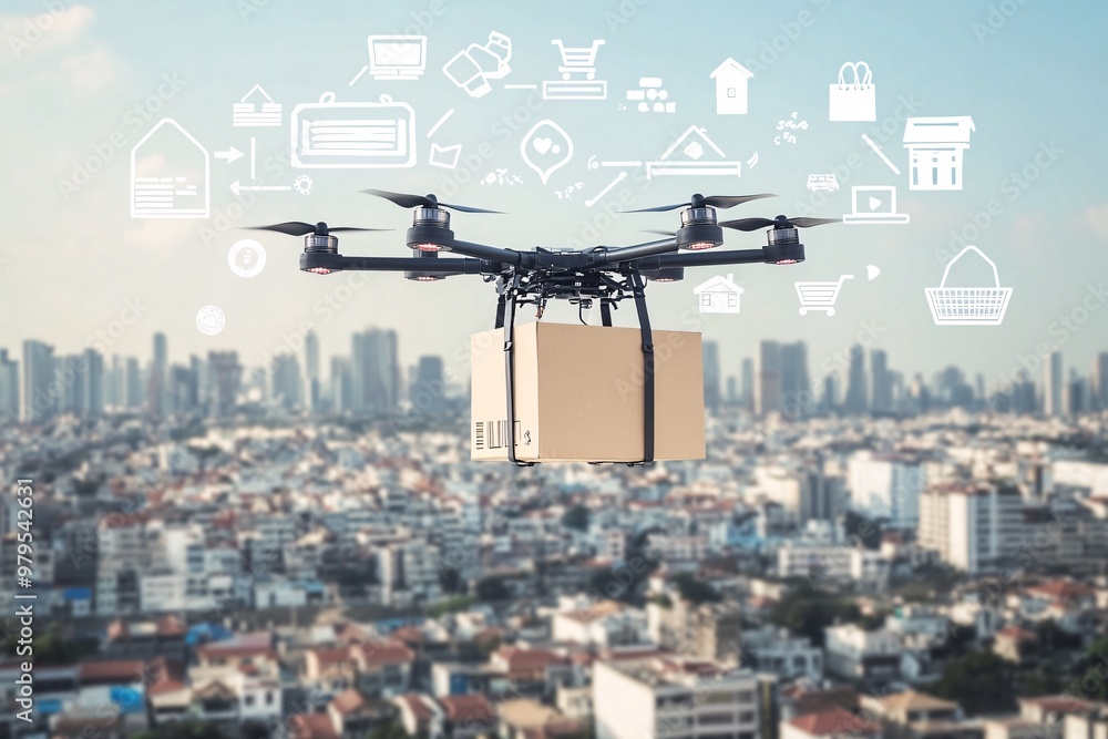 A drone with a secure package-lifting system flying over a modern city bridge, symbolizing the future of e-commerce logistics in urban areas A drone with a secure package-lifting system flying over a modern city bridge, symbolizing the future of e-commerce logistics in urban areas