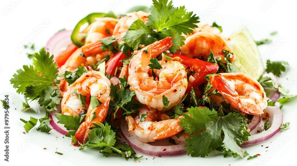 A high-resolution photo of a spicy Thai shrimp salad with fresh herbs and vegetables A high-resolution photo of a spicy Thai shrimp salad with fresh herbs and vegetables