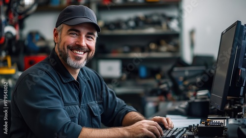 Smiling Mechanic Working on Laptop in Auto Repair Shop with Modern Car Parts Store in Background