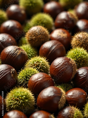 Chestnuts in their pods, detailed shot.