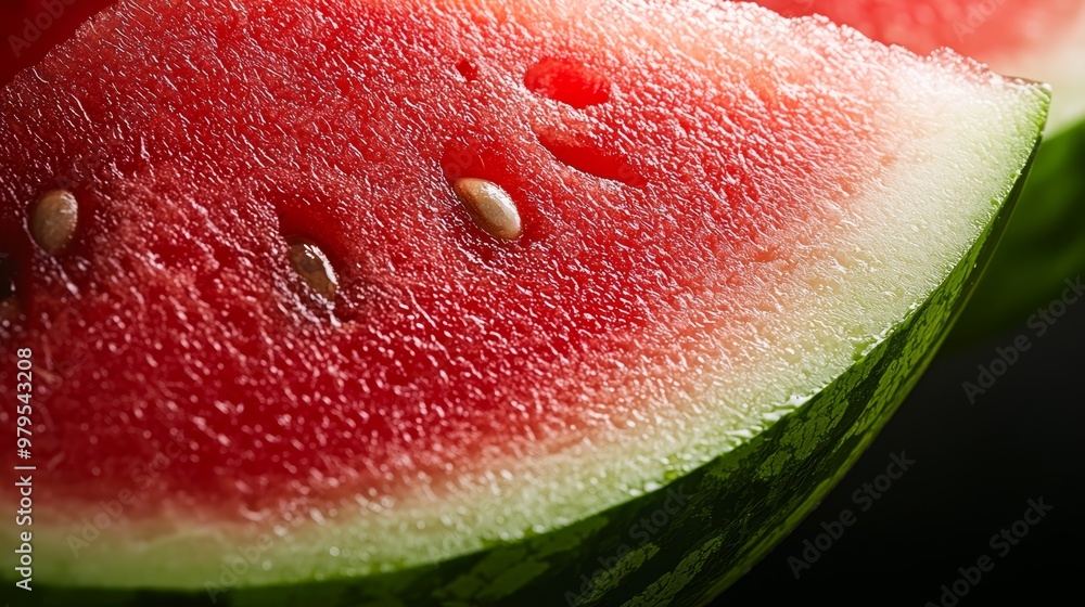 A tight shot of a watermelon slice, displaying seeds scattered inside and some aligned at the edge A tight shot of a watermelon slice, displaying seeds scattered inside and some aligned at the edge