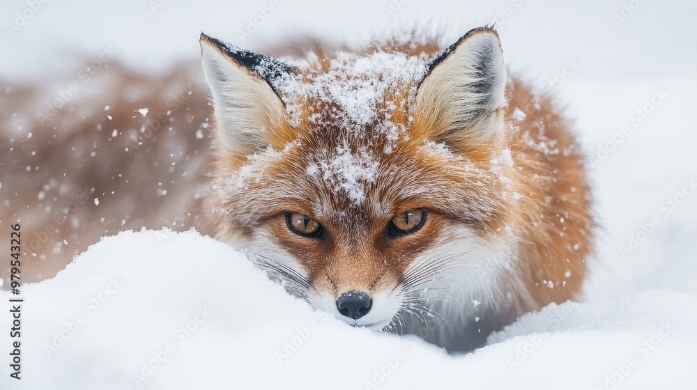 Obraz premium Enigmatic Kitsune: Mystical Fox in Snowy Wilderness with Piercing Gaze