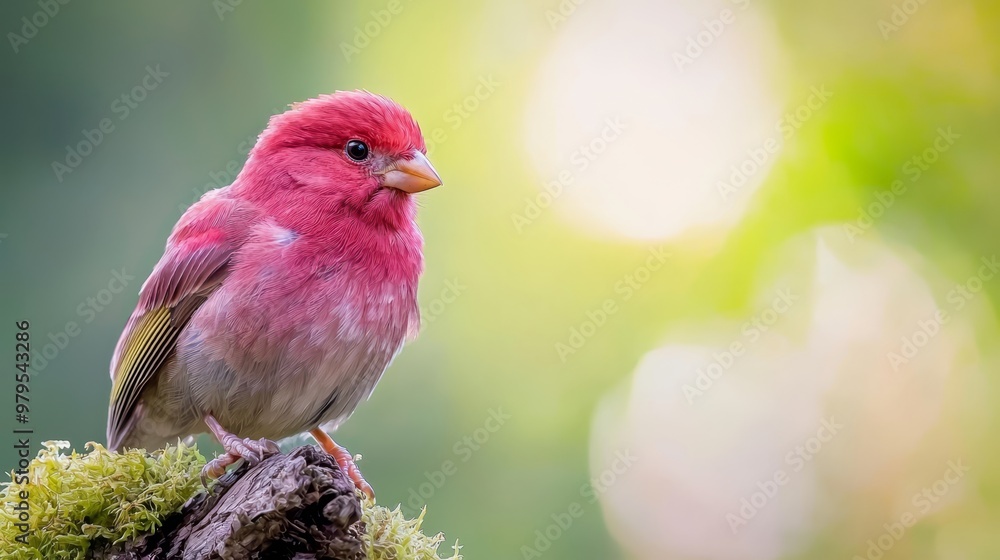 A tight shot of a small bird perched on a moss-covered branch Sunlight filters through trees in the backdrop A tight shot of a small bird perched on a moss-covered branch Sunlight filters through trees in the backdrop