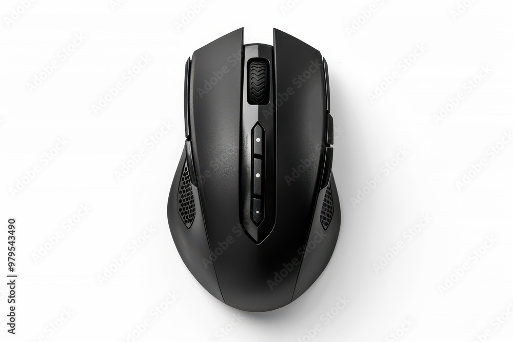 Top view of black wireless gamer mouse on white background Top view of black wireless gamer mouse on white background