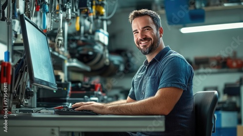 Smiling Mechanic Working on Laptop in Auto Repair Shop with Modern Car Parts Store in Background