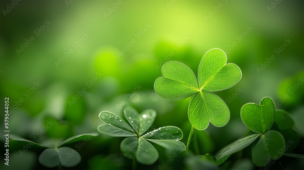 Four clover leaves, each nestled atop a verdant field, feature tiny water droplets glistening on their surfaces Four clover leaves, each nestled atop a verdant field, feature tiny water droplets glistening on their surfaces
