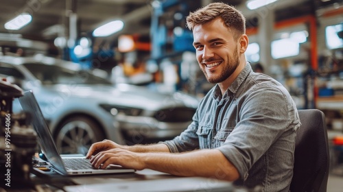 Smiling Mechanic Working on Laptop in Auto Repair Shop with Modern Car Parts Store in Background photo