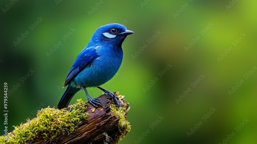 A blue bird perches atop a moss-covered tree branch against a softly green, blurred background A blue bird perches atop a moss-covered tree branch against a softly green, blurred background
