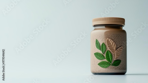 A stylish jar with a decorative leaf design, perfect for showcasing natural products or organic ingredients on a light background.