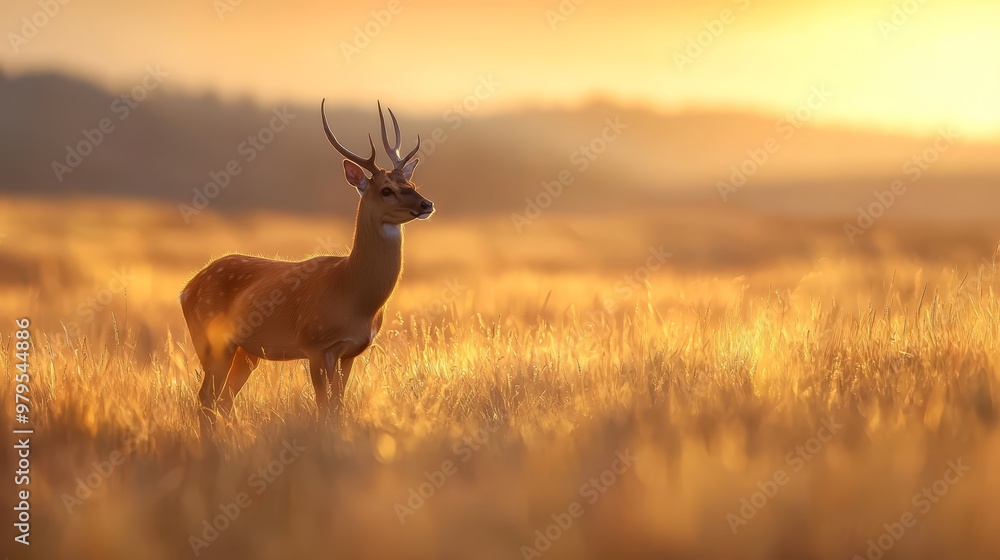 A deer stands in a field of tall grass, sun shining on its back A deer stands in a field of tall grass, sun shining on its back
