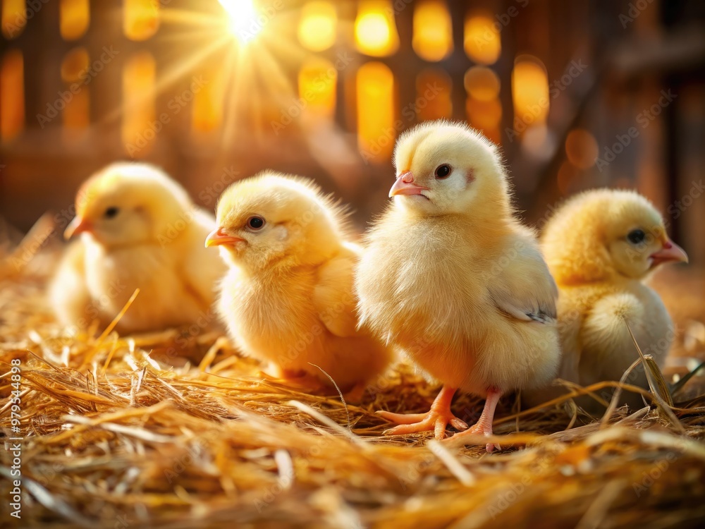Adorable yellow chicks, feathers fluffed, pecking at grain, surrounded by hay, in a cozy rustic farm setting with warm natural light and soft focus. Adorable yellow chicks, feathers fluffed, pecking at grain, surrounded by hay, in a cozy rustic farm setting with warm natural light and soft focus.