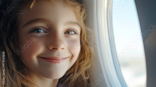 A Bright Smile: A Young Girl's Delightful Journey Captured from an Airplane Window, Ready to Explore New Destinations and Adventures.