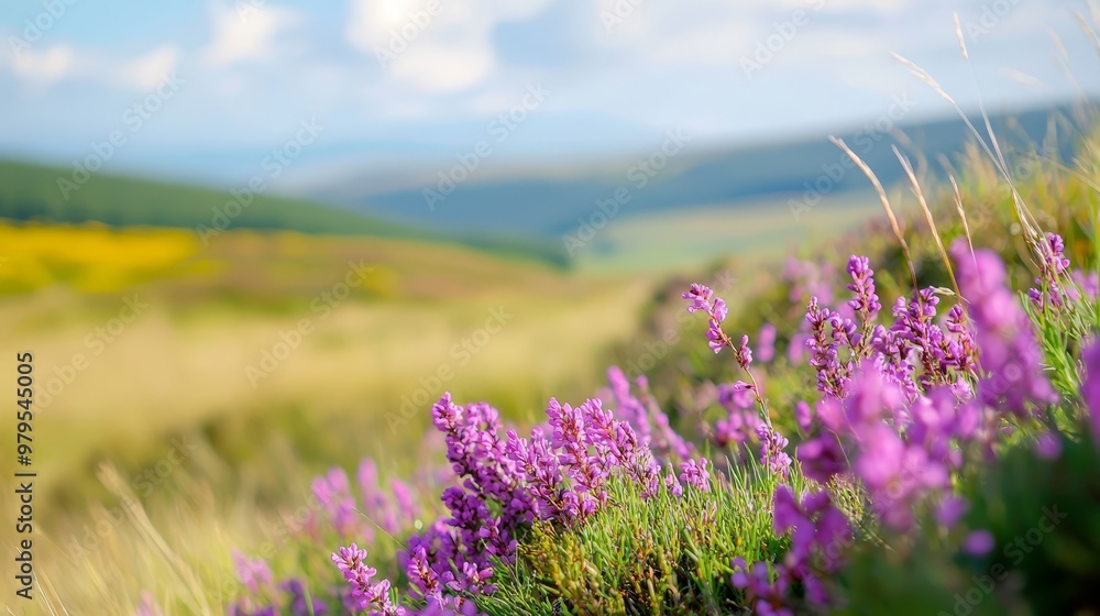 A lush green hillside topped with a multitude of purple flowers beneath a blue sky dotted with clouds A lush green hillside topped with a multitude of purple flowers beneath a blue sky dotted with clouds