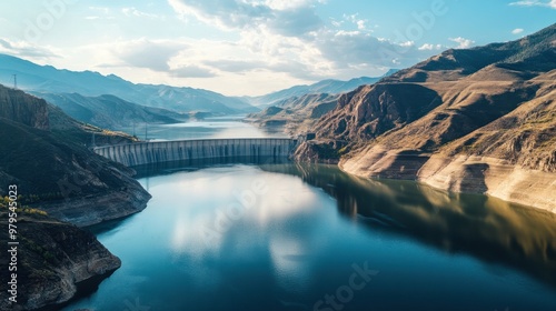 Aerial view of a hydroelectric dam surrounded by mountains, with a large reservoir reflecting the early morning light.