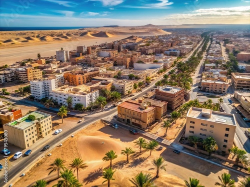 Aerial view of El Aaiun, the disputed capital city of Western Sahara, with modern buildings and streets amidst sandy dunes and palm trees. photo