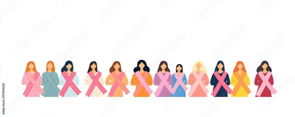 Group of women holding pink ribbons, breast cancer support, white background, flat design illustration Group of women holding pink ribbons, breast cancer support, white background, flat design illustration