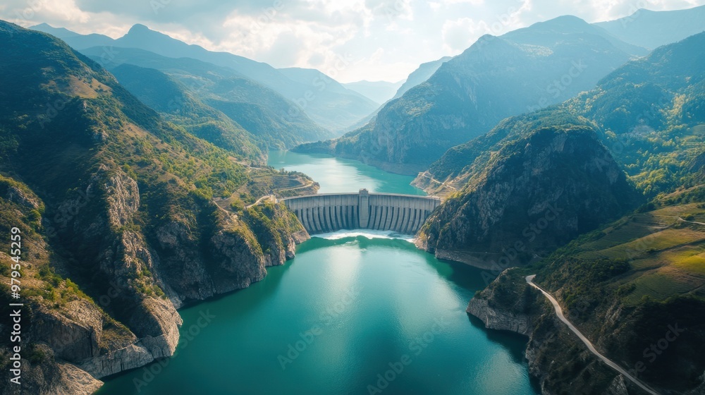 Aerial view of a vast hydroelectric dam nestled between two mountain ranges, with water flowing beneath it. Aerial view of a vast hydroelectric dam nestled between two mountain ranges, with water flowing beneath it.
