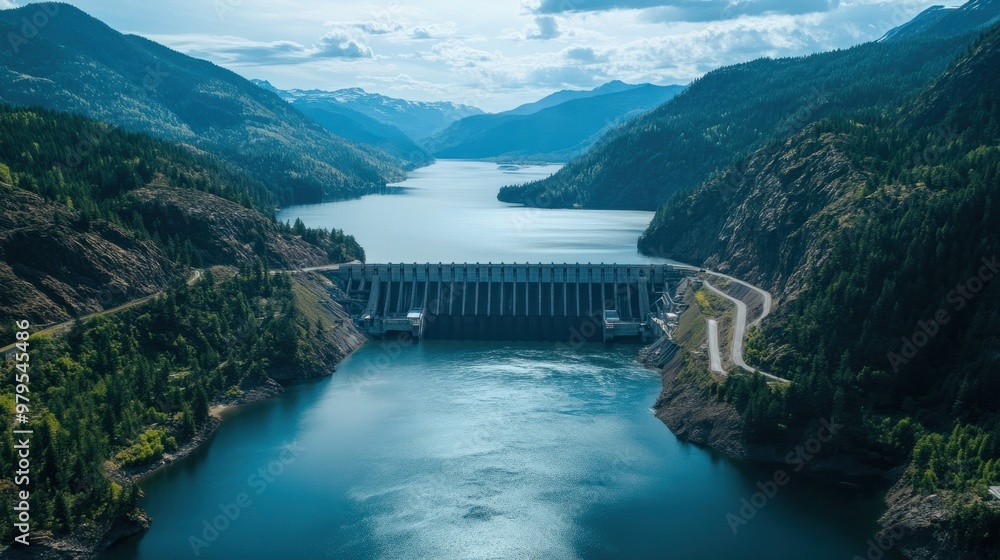 Aerial view of a vast hydroelectric dam nestled between two mountain ranges, with water flowing beneath it. Aerial view of a vast hydroelectric dam nestled between two mountain ranges, with water flowing beneath it.
