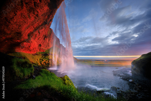 View of seljalandsfoss waterfall cascading down a majestic cliff with lush greenery under a serene sunset, seljalandsfoss, Iceland.
