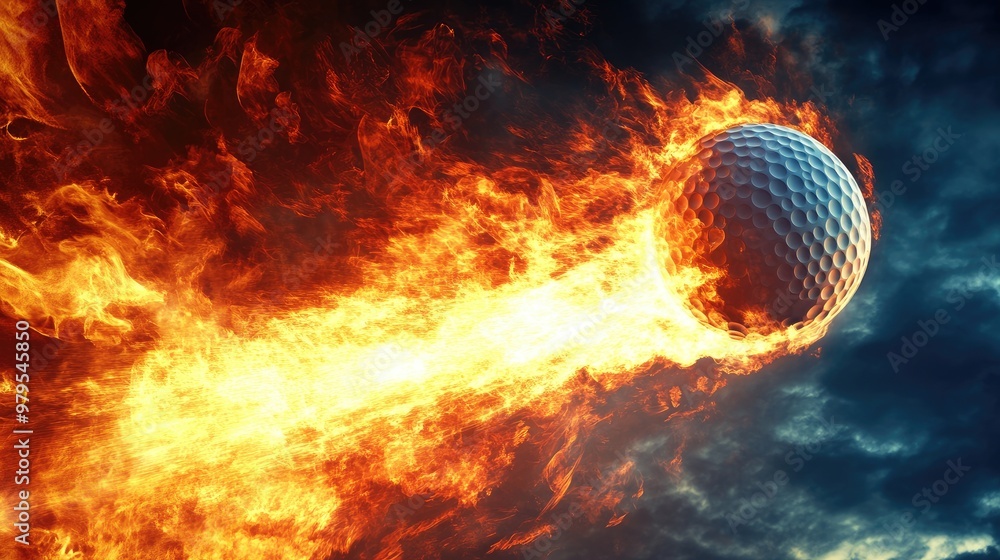 High-speed golf ball cutting through the sky with fiery energy, leaving a trail of fire and motion blur behind. High-speed golf ball cutting through the sky with fiery energy, leaving a trail of fire and motion blur behind.