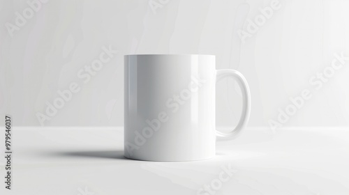 A photorealistic mockup of a classic white ceramic coffee mug with a sleek handle