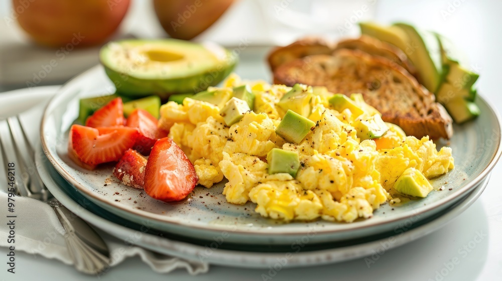 A plate of scrambled eggs cooked with almond milk, served with avocado toast and a side of fruit salad A plate of scrambled eggs cooked with almond milk, served with avocado toast and a side of fruit salad