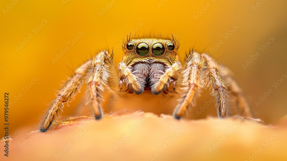 Close-up of a jumping spider on an arm, its wide-open eyes against a yellow background Close-up of a jumping spider on an arm, its wide-open eyes against a yellow background