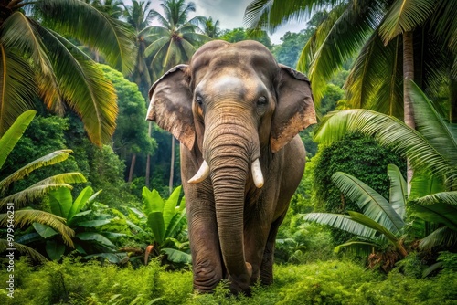 A majestic Asian elephant, with wrinkled gray skin and tusks, stands tall in a lush green jungle, surrounded by tropical trees and vines. photo