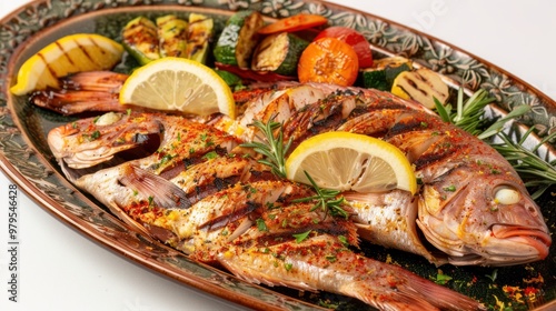 A platter of grilled red snapper fillets, accompanied by grilled lemon wedges and a side of roasted vegetables