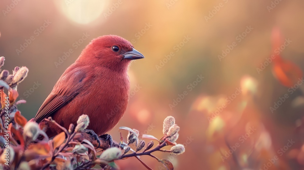 Fototapeta premium A red bird perches atop a tree branch, surrounded by leaves and nearby berries Background softly blurred