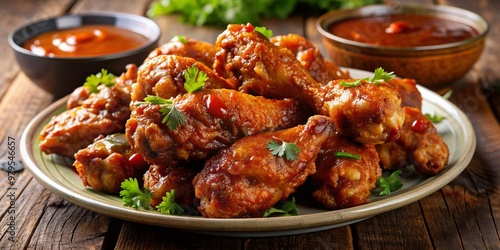 Crispy fried chicken wings smothered in rich barbecue sauce, served in a generous portion on a plate, perfect for a satisfying comfort food craving.