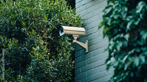 A Modern Surveillance Camera Overlooks the Lush Greenery, Blending Technology with Nature's Beauty in Perfect Harmony. photo