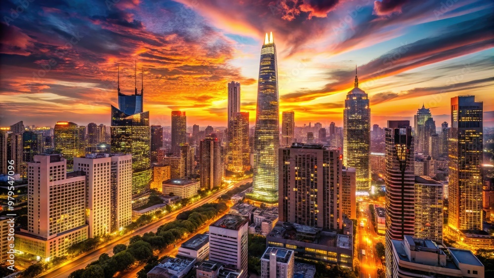 Obraz premium A majestic urban skyline at dusk, featuring sleek skyscrapers, bustling streets, and glittering lights, set against a warm, vibrant orange and pink hues background.