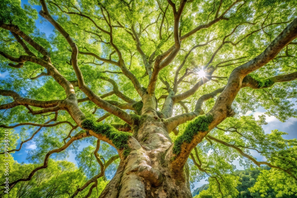 Fototapeta premium A majestic Western Sycamore tree stands tall, its mottled bark and sprawling branches stretching towards the sky, surrounded by a lush green forest landscape.
