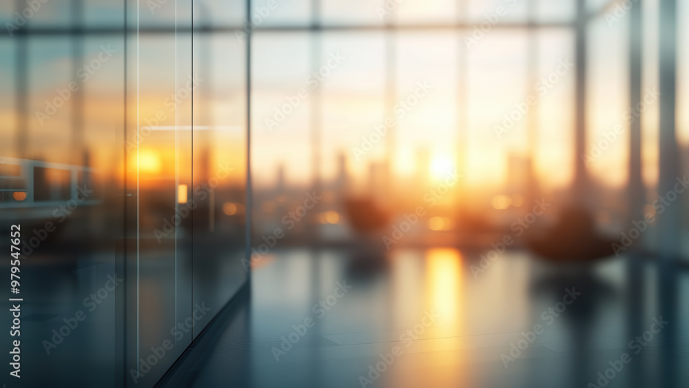 Fototapeta premium Blurred background of a bright modern office interior with panoramic windows and elegant lighting.