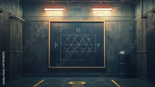 Chalkboard with a hand-drawn game plan in a locker room